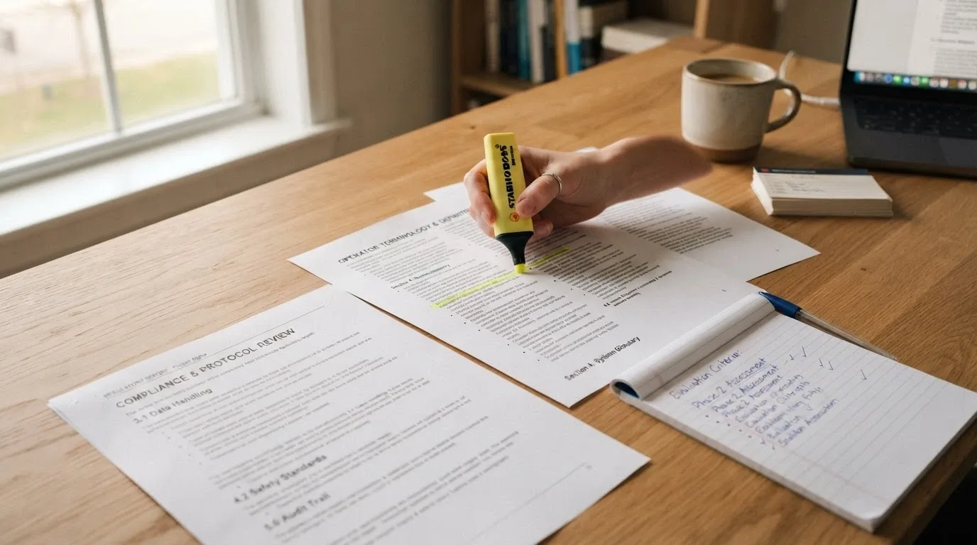 A desk-level view of research materials — printed operator terms pages, a notepad with evaluation criteria written out, and an ACMA document visible among them