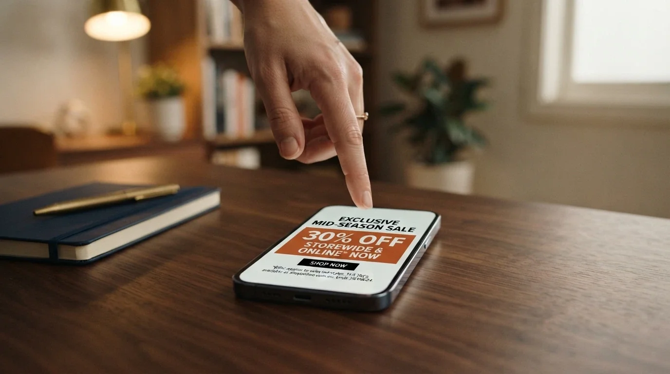 A hand pausing over a smartphone, the screen showing a casino bonus offer with the terms and conditions visible, the setting suggesting a considered decision