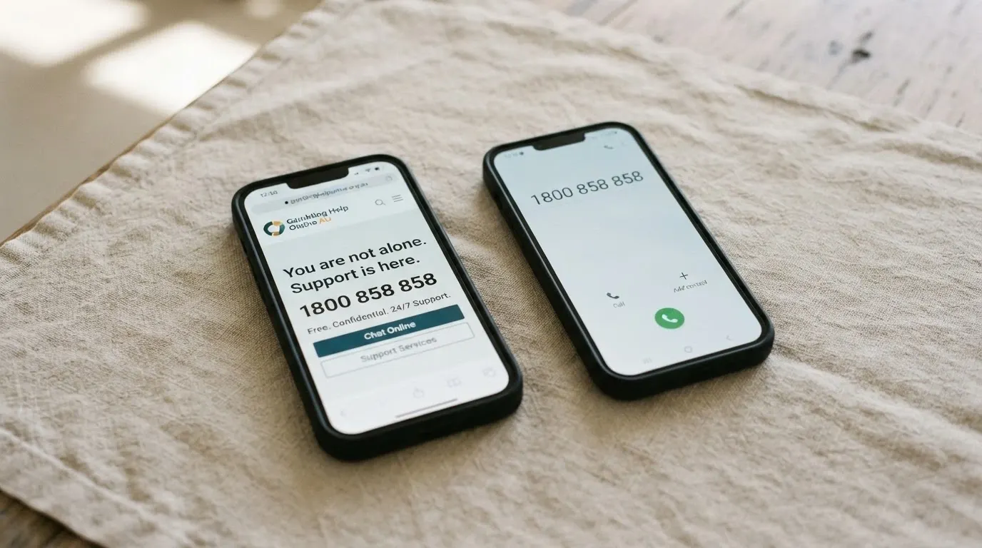 Smartphone screen showing Gambling Help Online website beside a phone with 1800 858 858 on the dialler