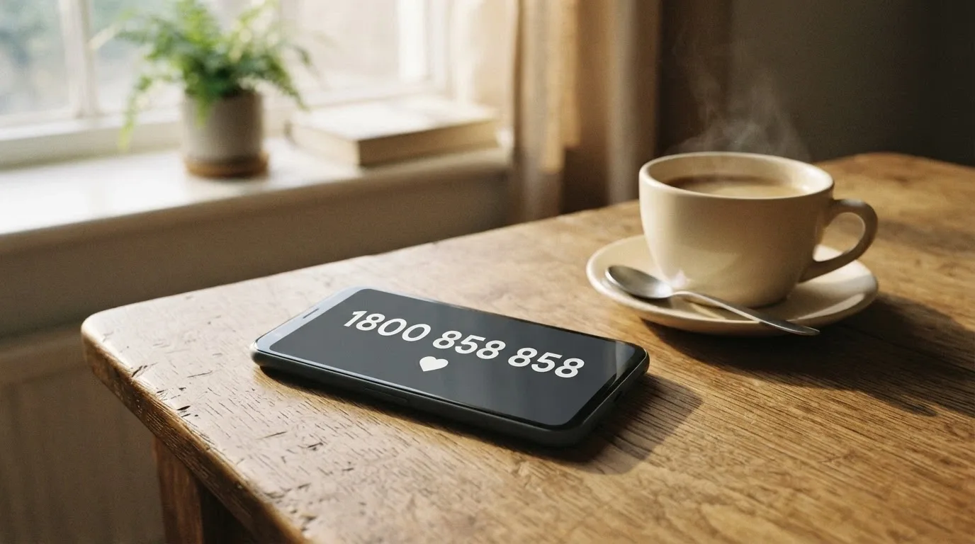 A phone screen showing the National Gambling Helpline number 1800 858 858 beside a cup of coffee on a table, with soft natural light