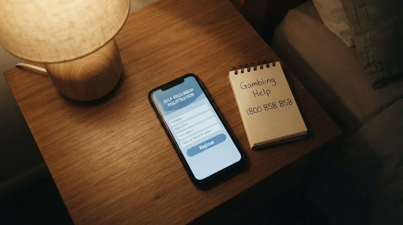 A smartphone displaying the BetStop registration screen beside a notepad with the Gambling Help Online number 1800 858 858 written on it