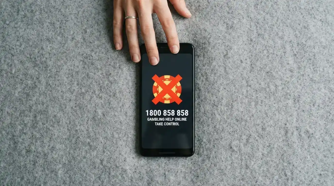 A phone screen showing the BetStop self-exclusion interface with a crossed-out casino logo beside it and the 1800 858 858 helpline number prominently displayed