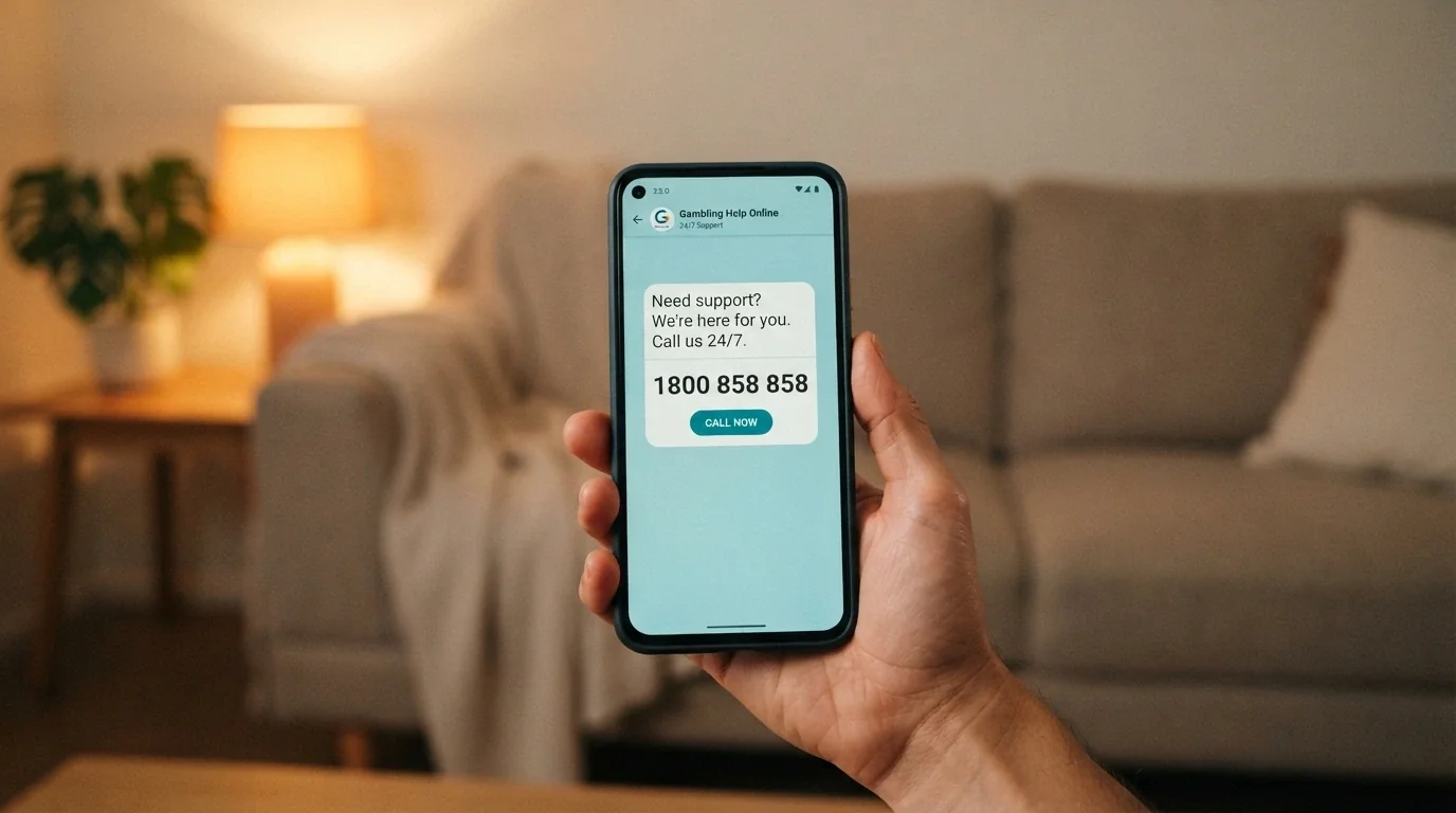 A warm, non-judgemental composition showing a phone screen displaying the Gambling Help Online chat interface with 1800 858 858 prominent, against a muted home setting