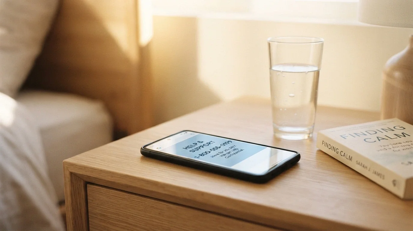 A phone screen displaying the Gambling Help Online homepage with the 1800 858 858 helpline number prominent, beside a glass of water on a desk, in calm natural light
