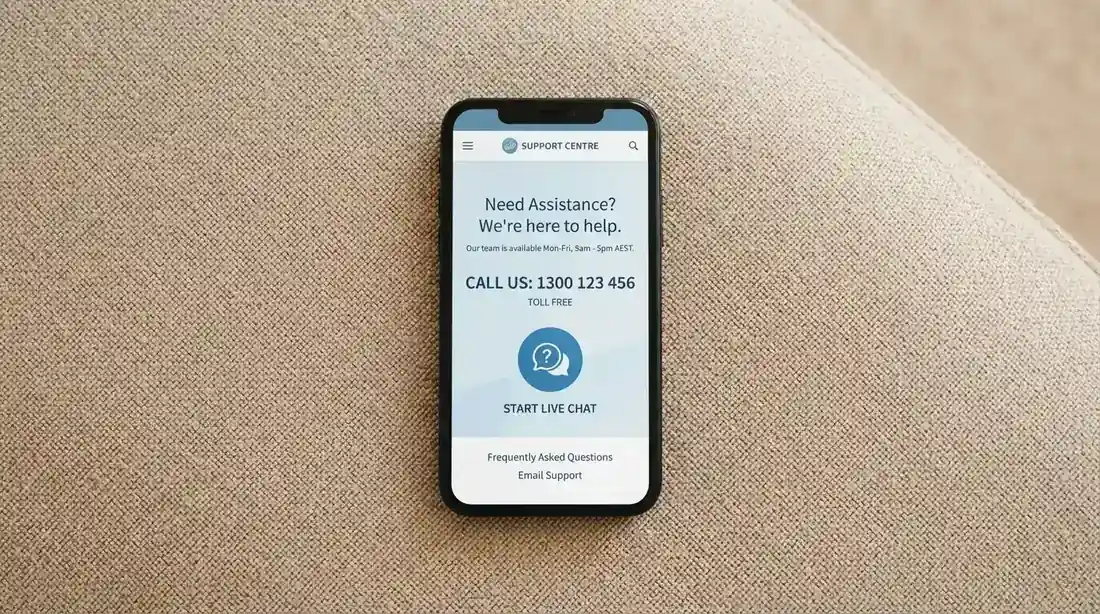 A smartphone screen showing the Gambling Help Online website and the 1800 858 858 National Gambling Helpline number