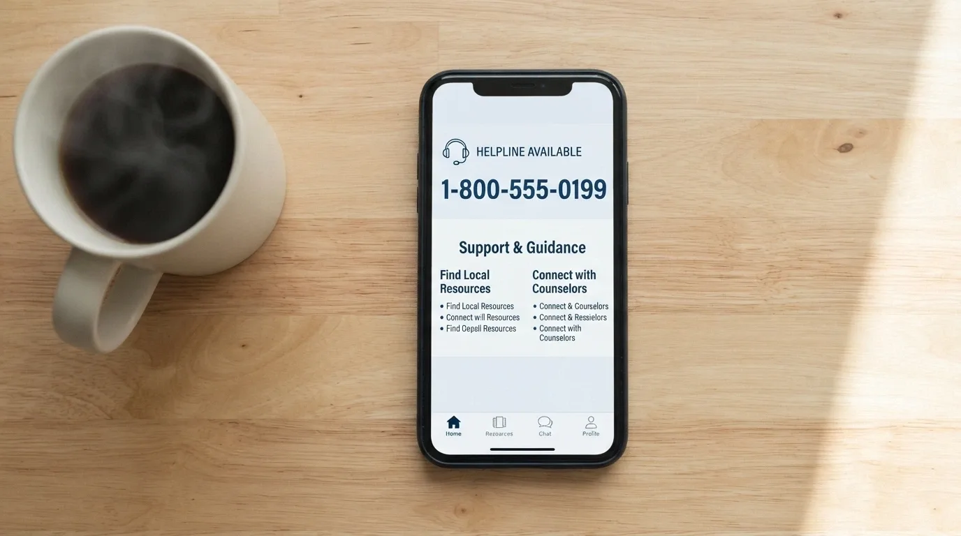 A phone screen showing the Gambling Help Online homepage with the 1800 858 858 helpline number, on a desk beside a cup of coffee