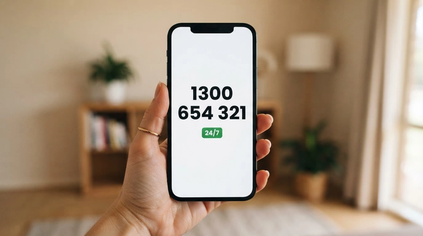 A phone screen showing the number 1800 858 858 in large type, with the Gambling Help Online logo and a 24/7 badge beneath it