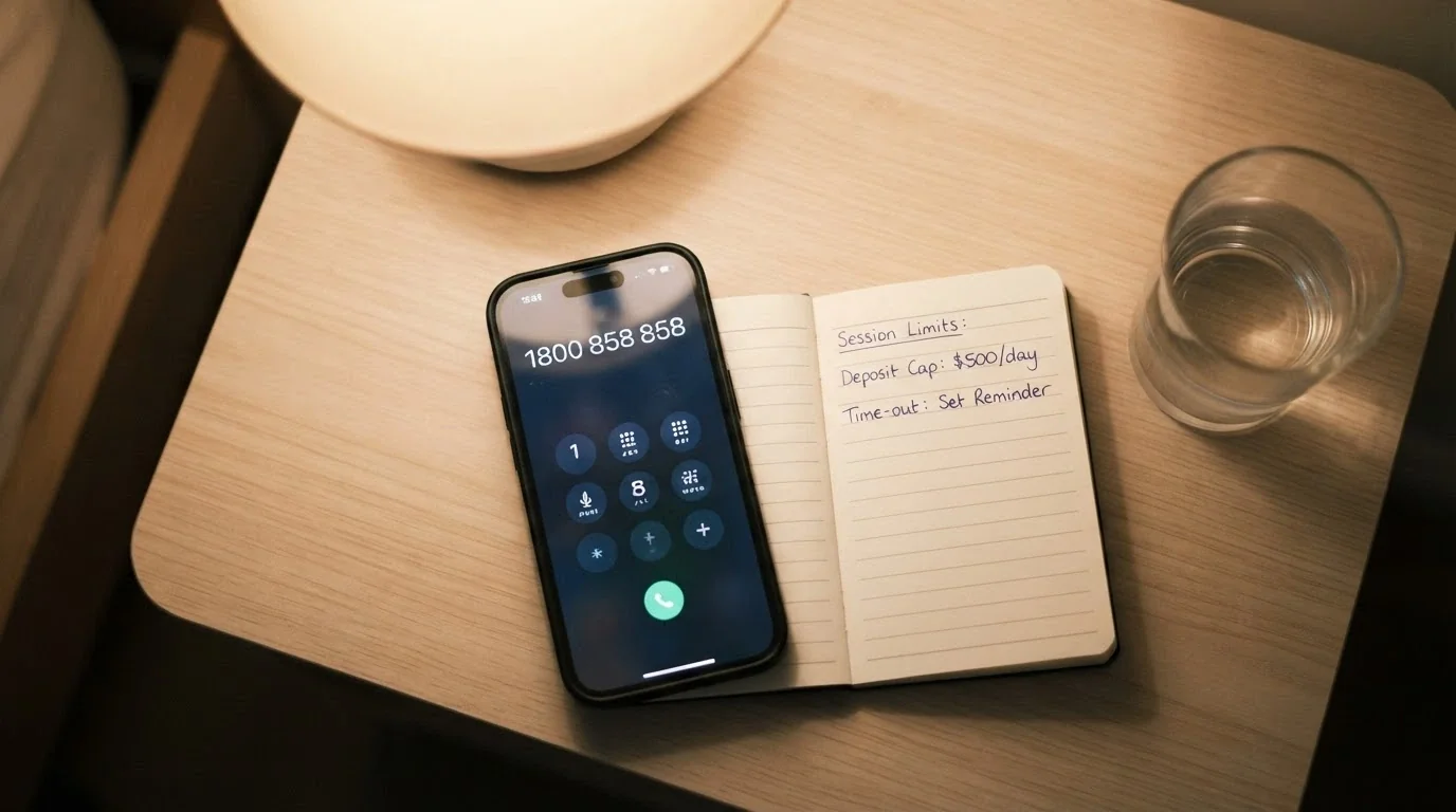 A close-up of a smartphone dialler screen with 1800 858 858 entered, a glass of water and a notebook with handwritten session limits beside it