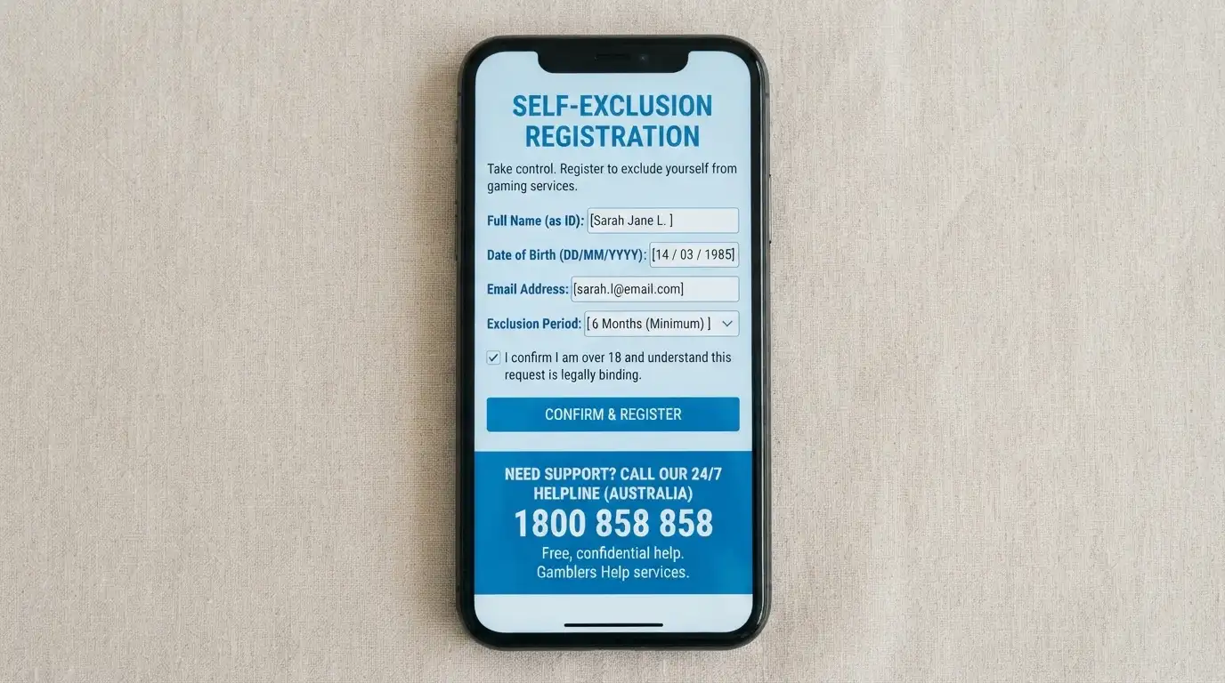 A smartphone showing a self-exclusion registration screen with a 24/7 helpline number visible