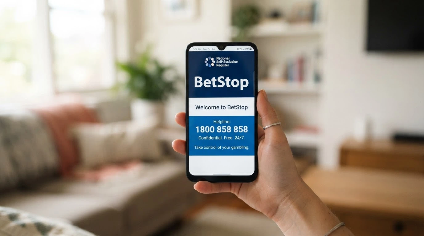 A close-up of a smartphone screen showing the BetStop registration page and the National Gambling Helpline number (1800 858 858)