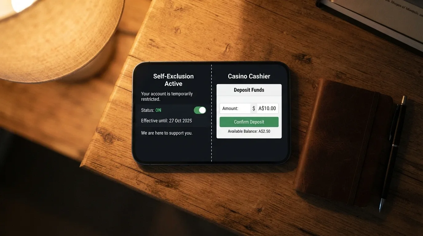A phone screen split between the BetStop register homepage and a casino deposit screen, with a dashed line between them marked “not connected”