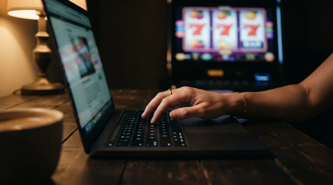 A player's hand paused over a keyboard, the pokie screen blurred softly in the background