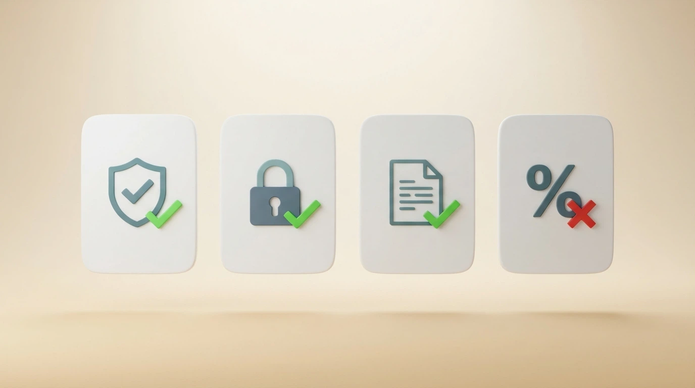 A checklist-style interface overlay — licence badge, SSL padlock, withdrawal terms document, wagering-requirement summary — each with a tick or cross