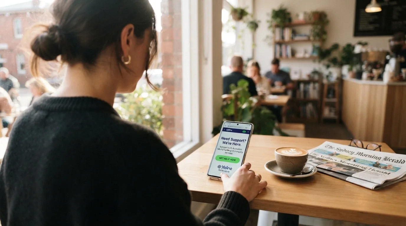 A person looking at a smartphone with the Gambling Help Online homepage visible, a cup of coffee beside them