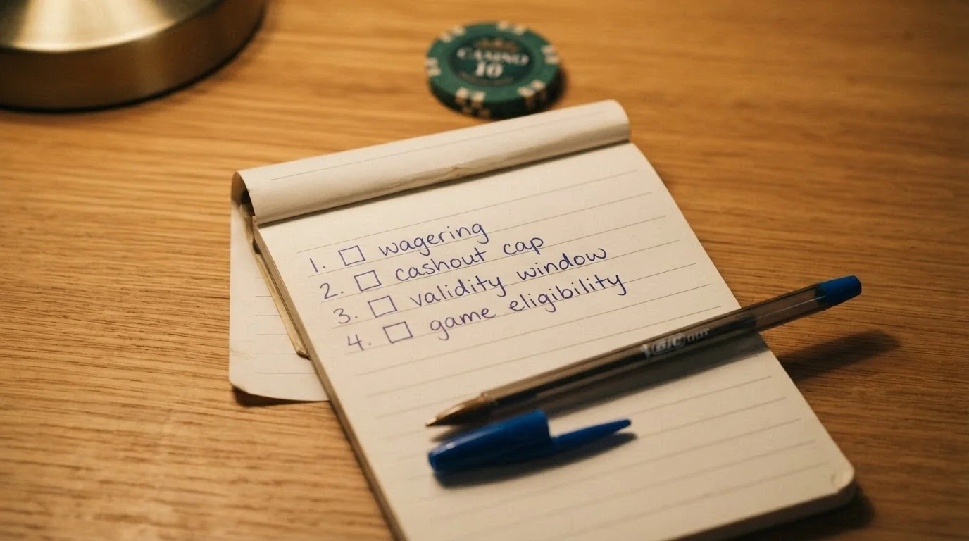 A notepad with a handwritten four-point checklist: wagering, cashout cap, validity window, game eligibility — each with a tick box beside it