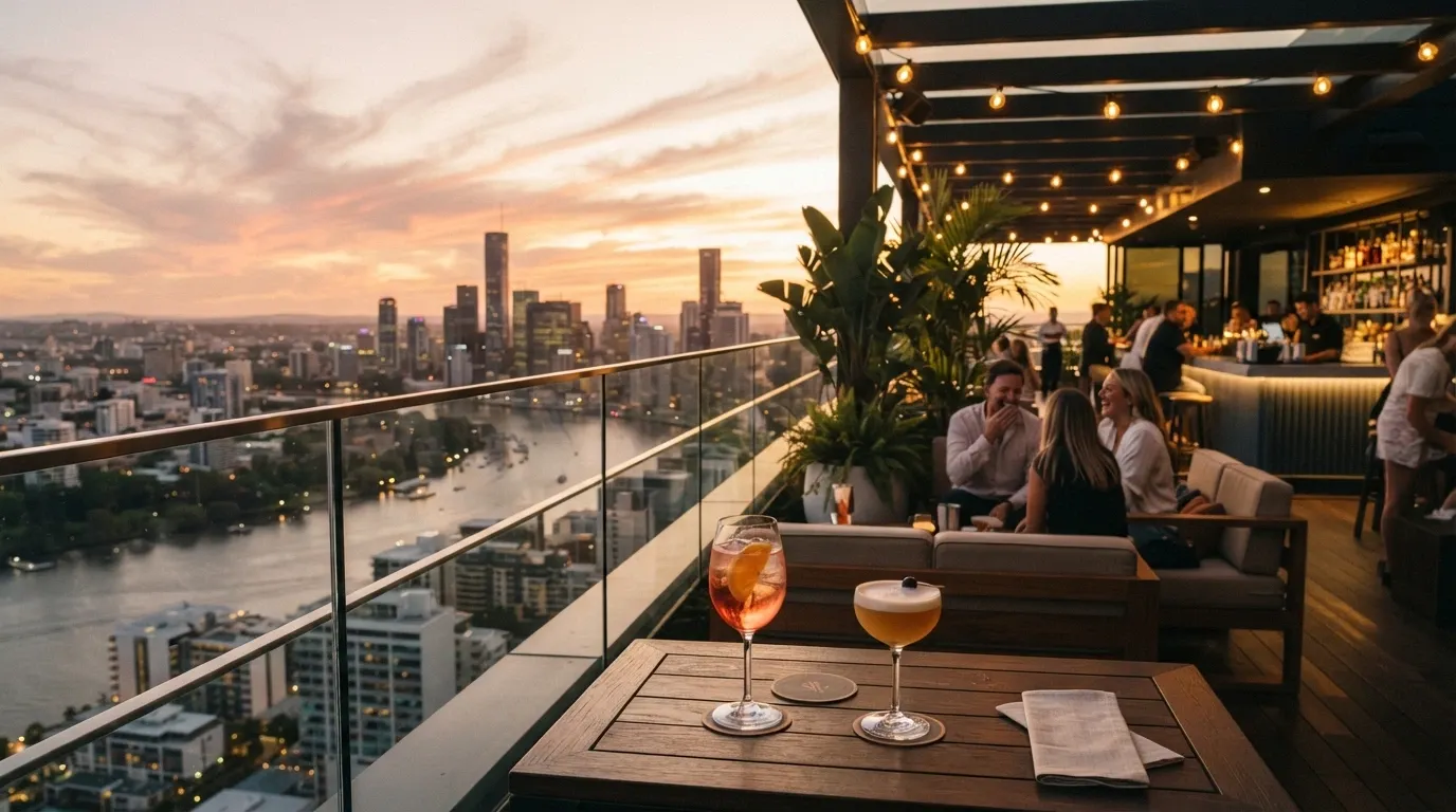 The open-air seating and city views from SOL Rooftop on Level 9 of SkyCity Adelaide