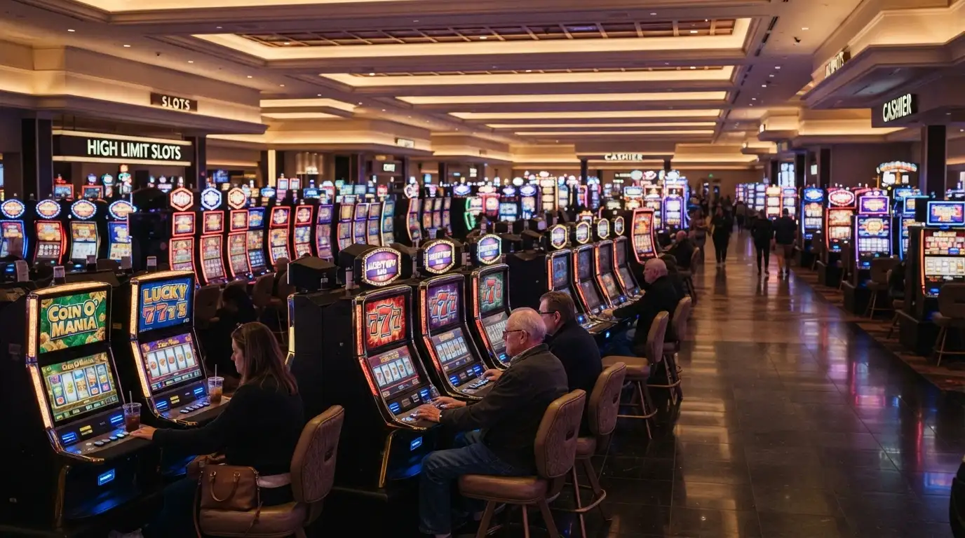 Rows of electronic gaming machines across the main casino floor under bright ceiling lights with players at the screens