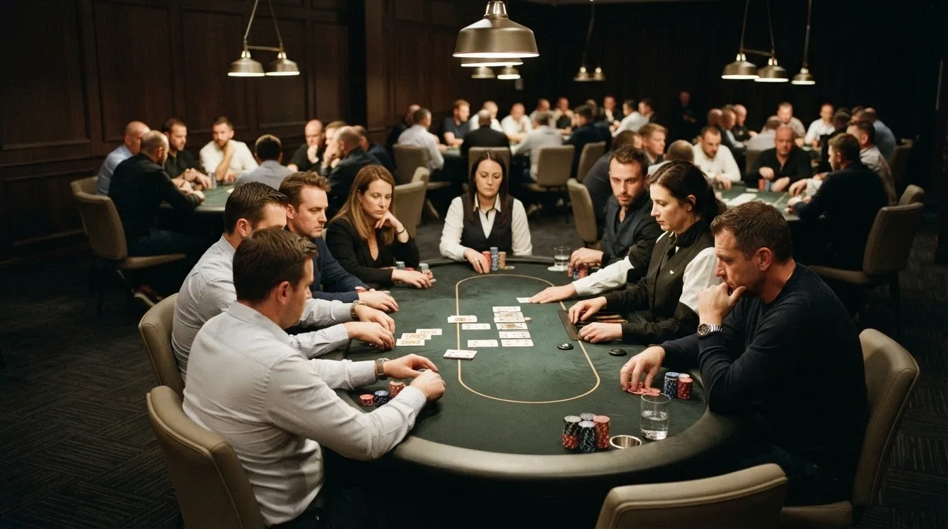 Multiple eight-handed poker tables with dealers, stacks of chips and seated players in the dedicated poker room