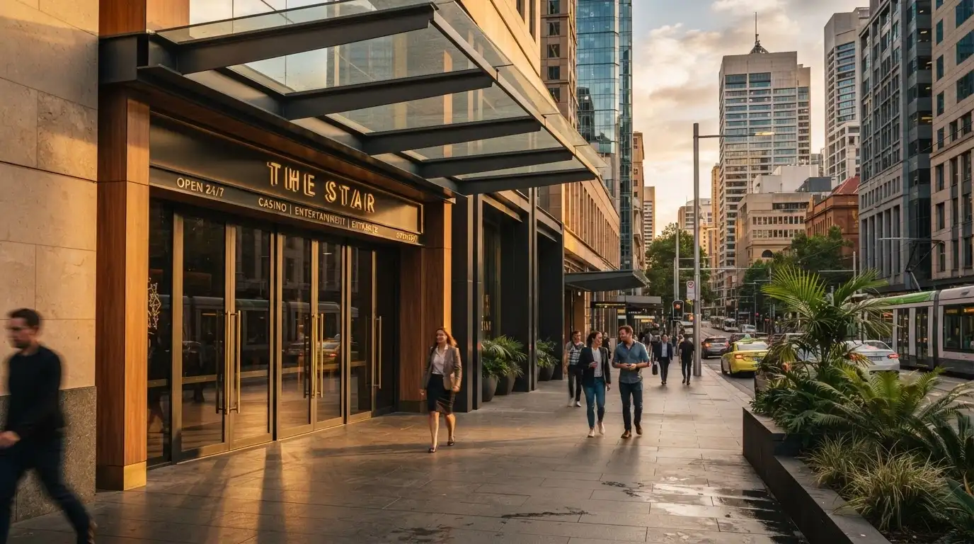 The casino entrance at 33 William Street with street-level signage and the surrounding CBD buildings