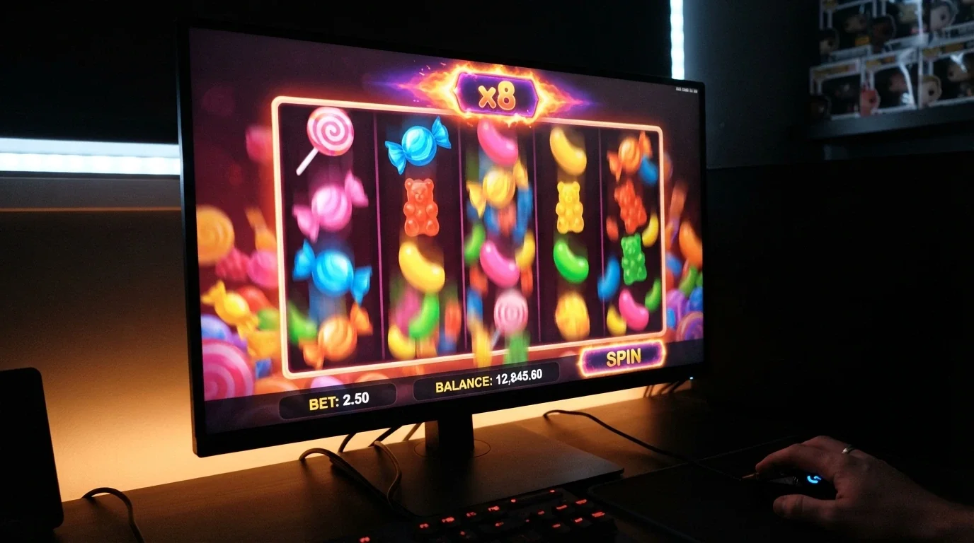 The Sweet Bonanza slot reels in play with colourful candy symbols cascading and a multiplier bubble visible