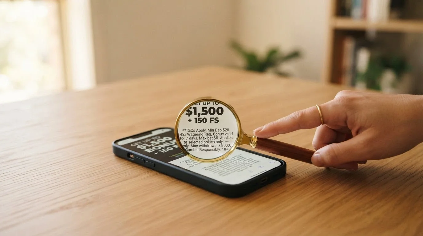 A casino welcome screen showing a large bonus figure, with a magnifying glass revealing the wagering terms in fine print below