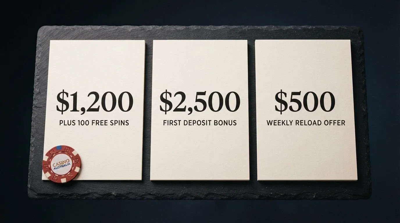 A side-by-side comparison of casino welcome-offer cards with bonus amounts in Australian dollars
