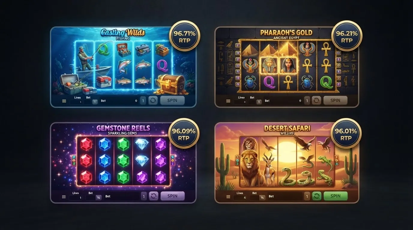 A grid of four slot-game tile mock-ups — Big Bass Bonanza, Book of Dead, Starburst and Wolf Gold — with their RTP percentages displayed as a badge on each tile