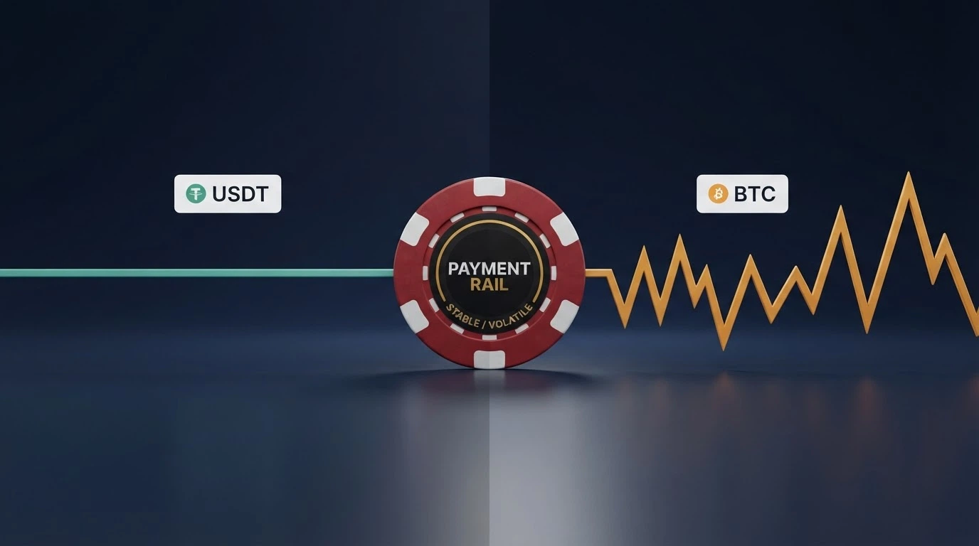 A split comparison graphic showing a stable horizontal line labelled USDT beside a jagged up-and-down price line labelled BTC, with a casino chip centred between them