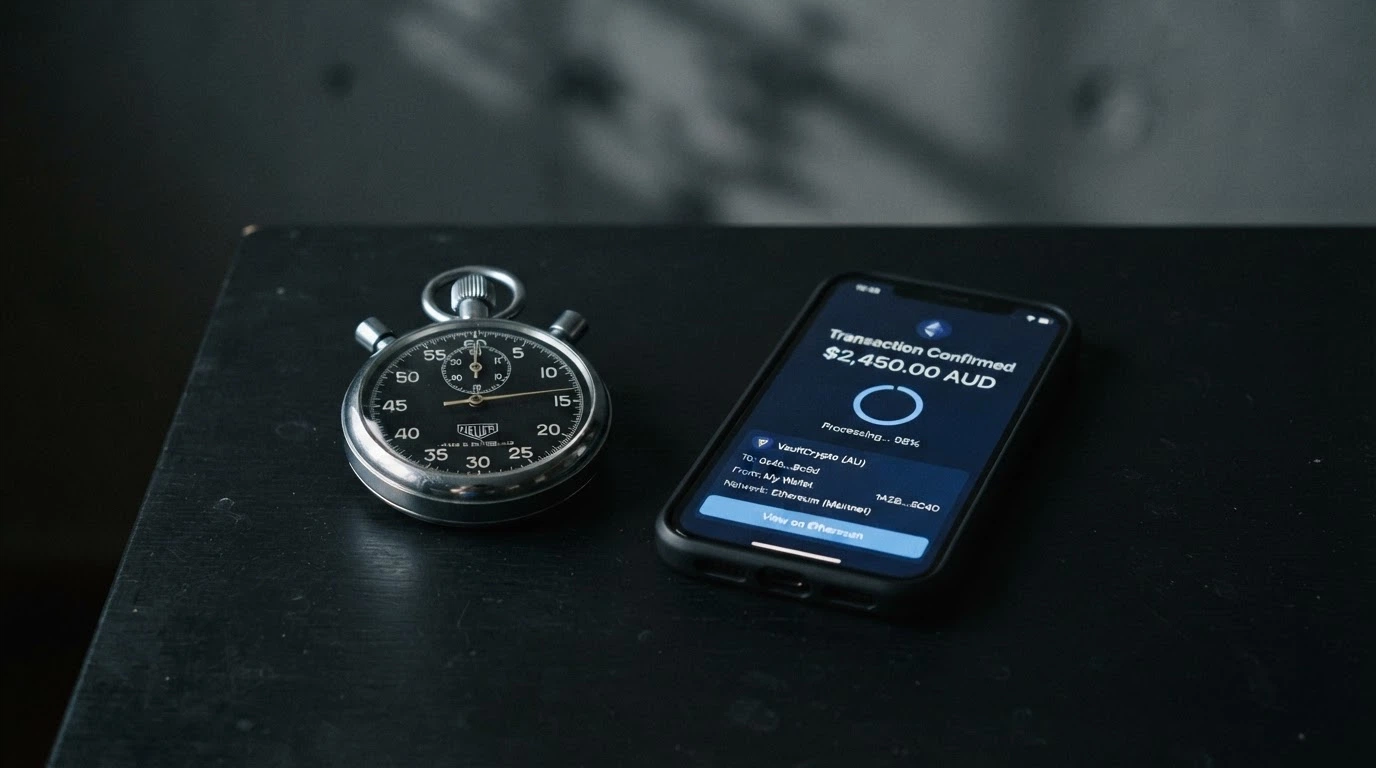 A stopwatch beside a crypto wallet transaction screen showing a USDT withdrawal in progress