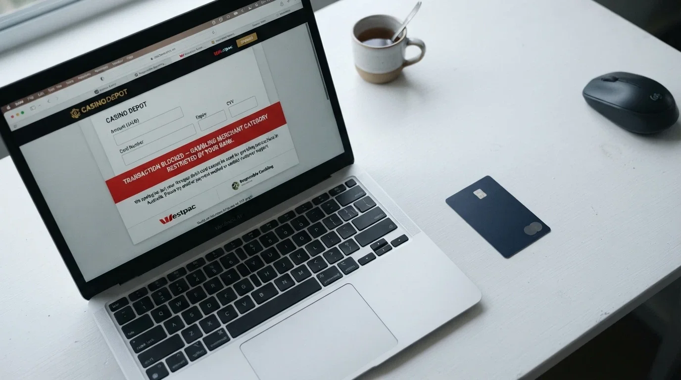 A Visa card beside a casino deposit form showing a declined transaction notice with a gambling-merchant-block message