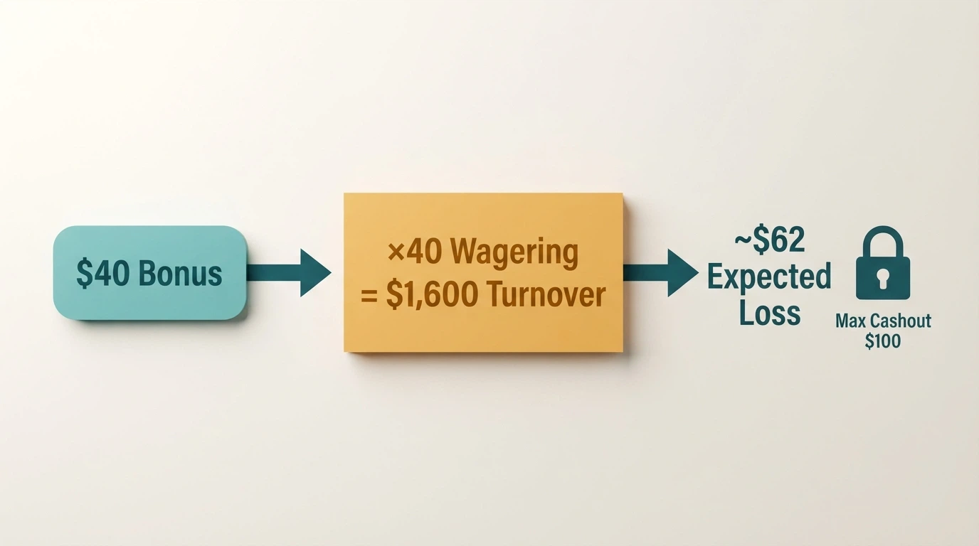 A simple flow diagram showing a A$40 bonus arrow pointing to “×40 Wagering = $1,600 Turnover” which then points to a smaller “~$62 Expected Loss” figure next to a padlock icon labelled “Max Cashout $100”