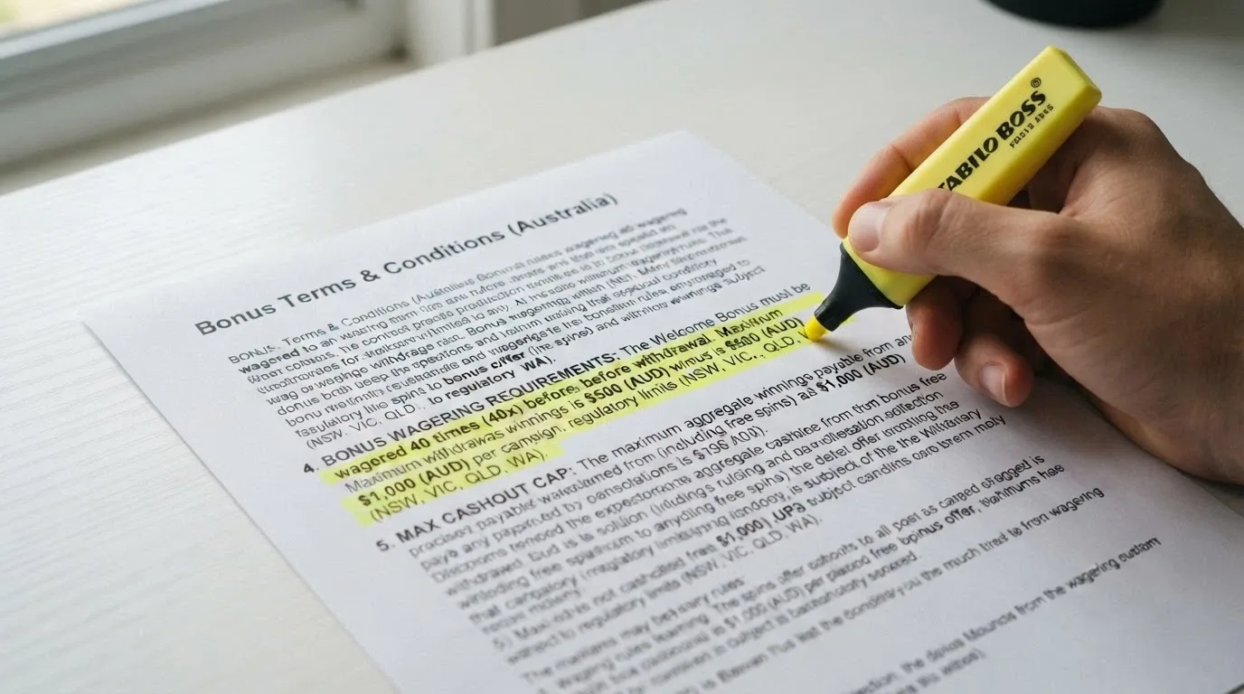 A close-up of bonus terms and conditions text with a highlighter marking the wagering multiple and cashout cap figures
