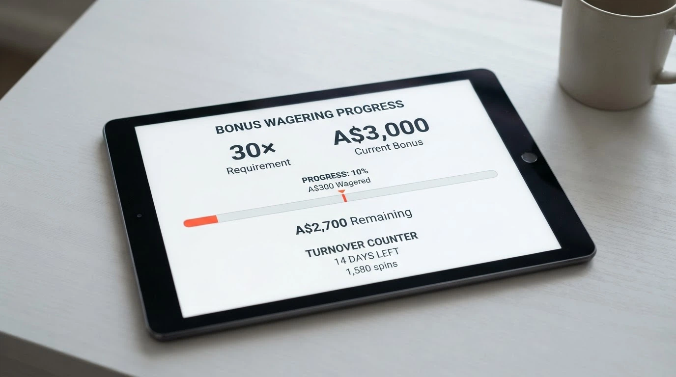 A close-up of a casino bonus terms panel showing wagering-requirement figures, a turnover counter and a progress bar with a small fraction filled