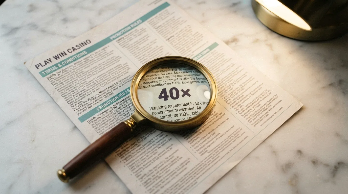 A close-up of bonus terms and conditions printed in small text on a casino promotions page, with a magnifying glass highlighting a wagering multiple