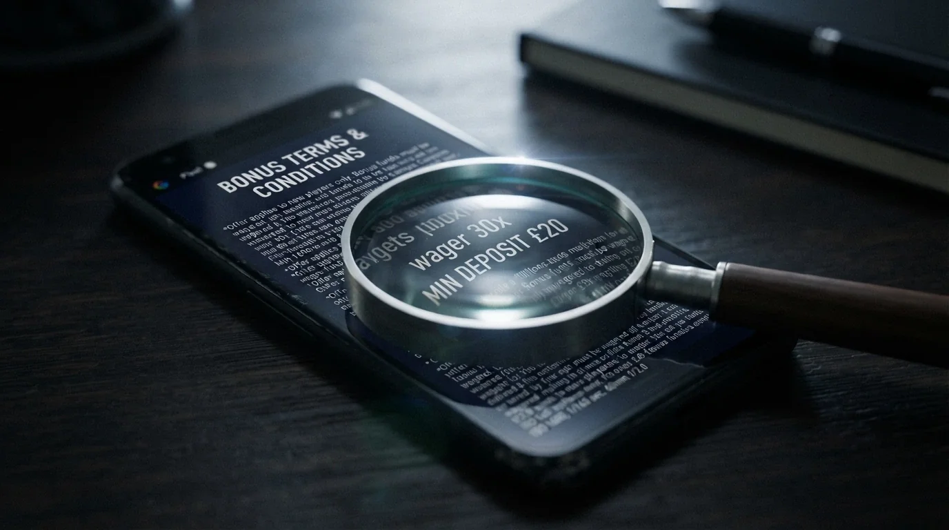 A magnifying glass over a smartphone screen displaying bonus terms and conditions, with wagering and cashout figures highlighted