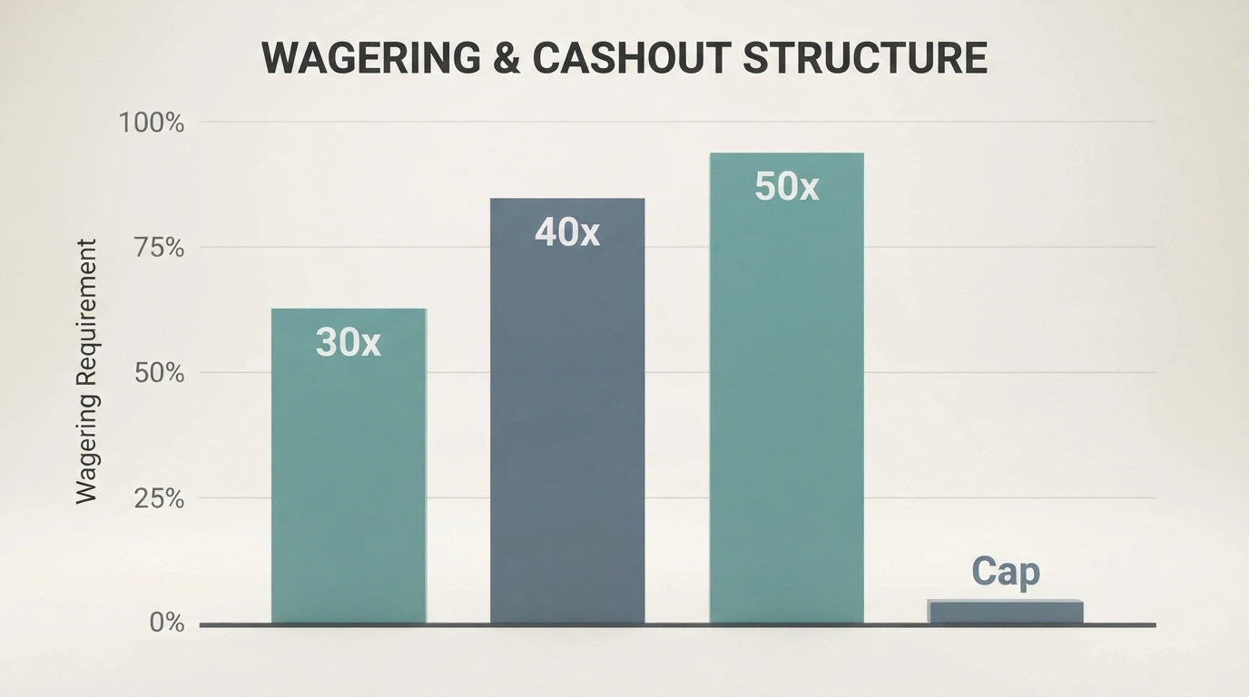 A stacked-bar chart breaking a A$100 bonus into the turnover required at 30×, 40× and 50× wagering, with a much smaller bar showing the typical cashout cap.