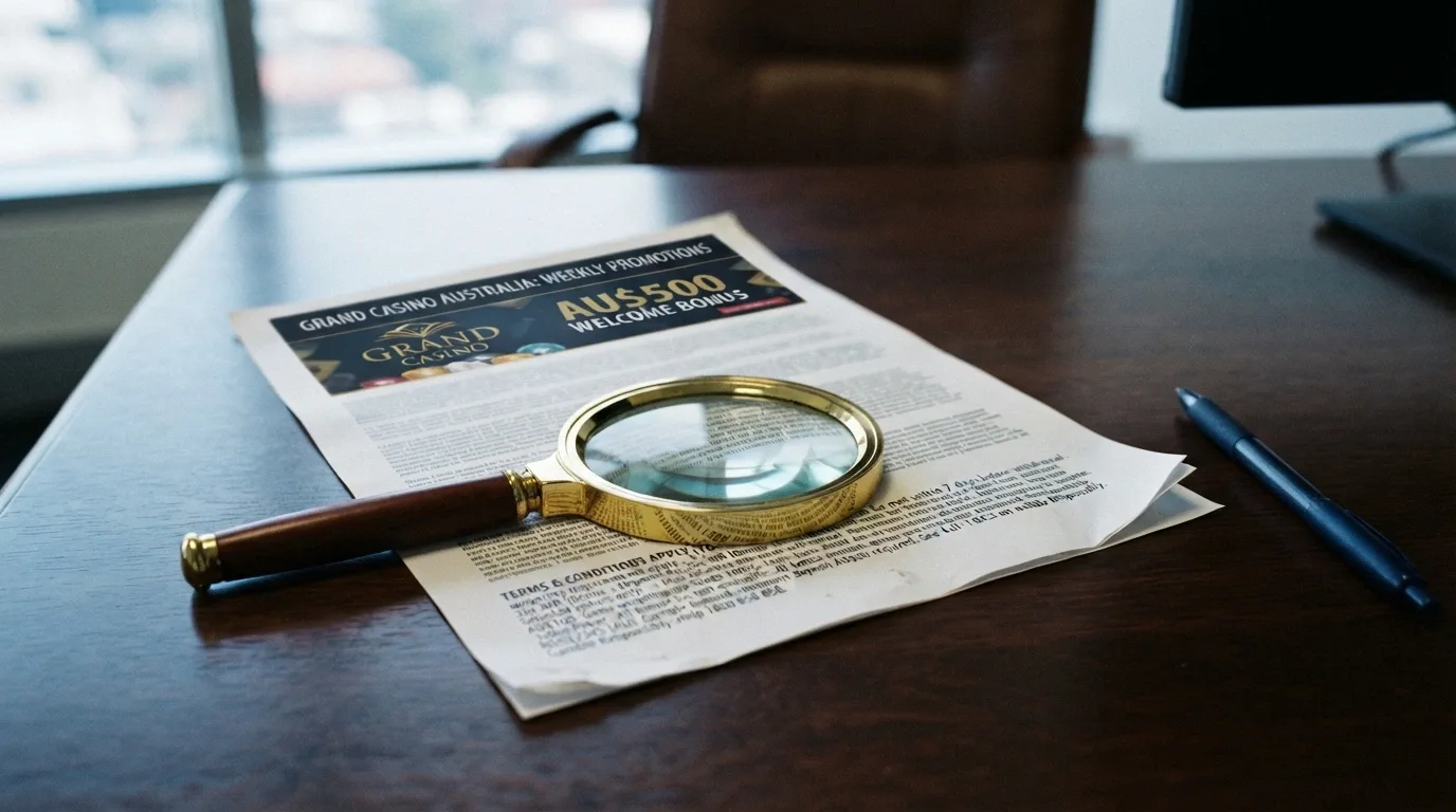 Close-up of bonus terms and conditions on a casino promotions page, with a magnifying glass highlighting the wagering requirement clause