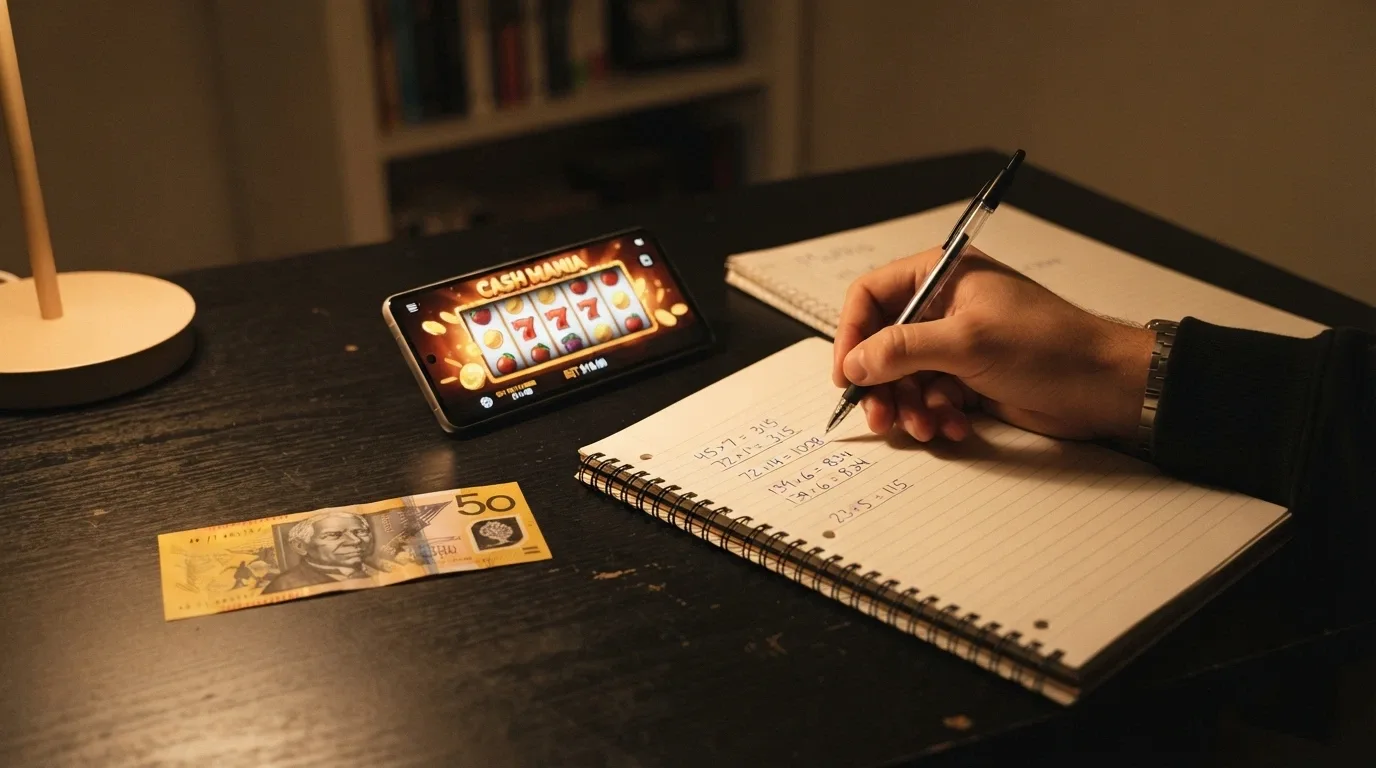 A calculator next to a pokies screen with Australian banknotes visible, the calculator showing a multiplication sum