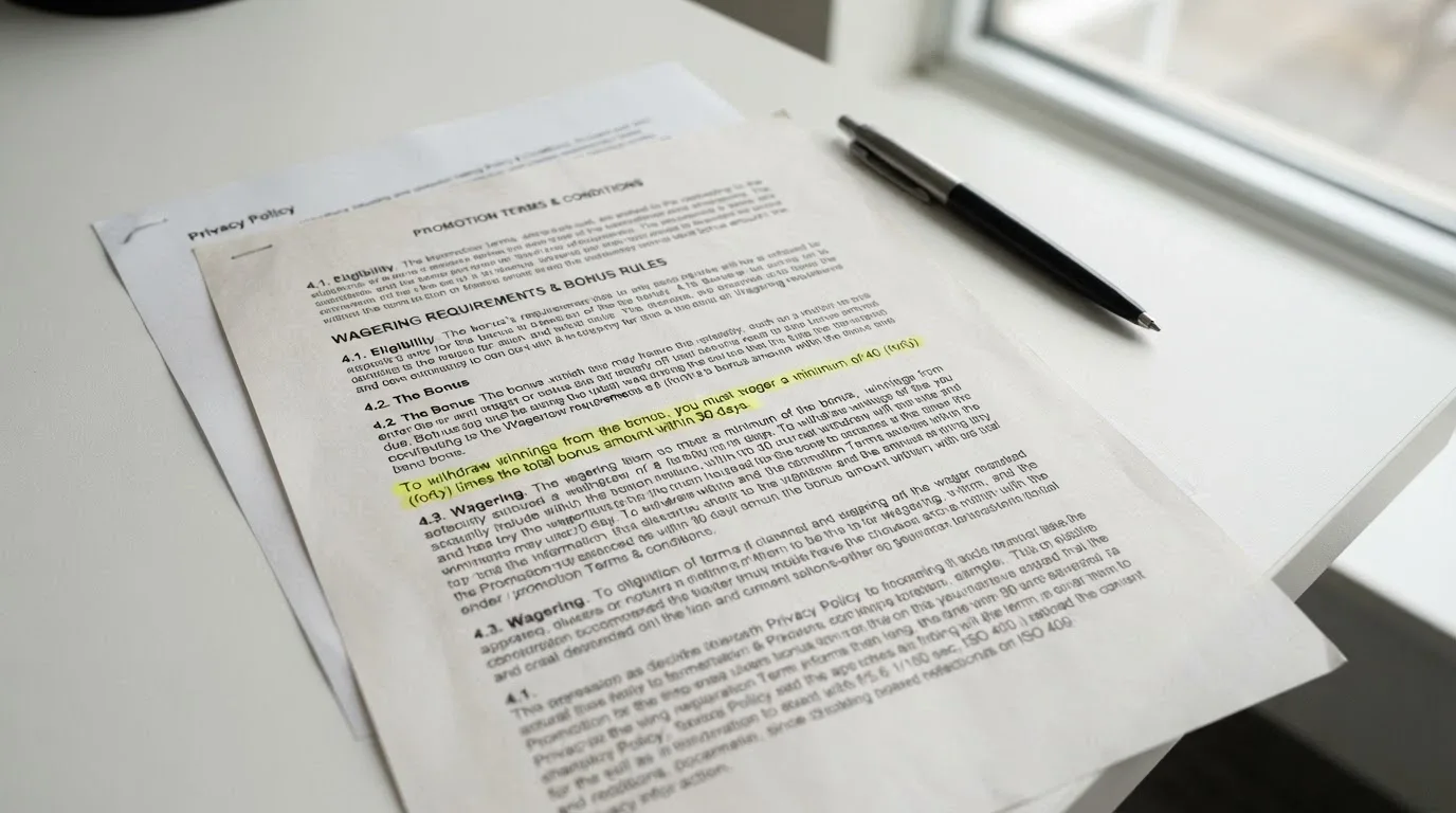 A close-up of casino bonus terms and conditions with a wagering requirement clause highlighted in yellow