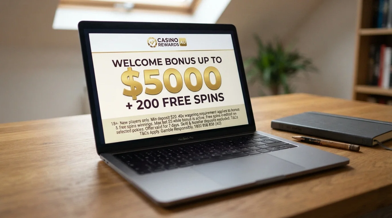 A casino welcome-bonus banner showing a large AUD figure with wagering terms in small print beneath