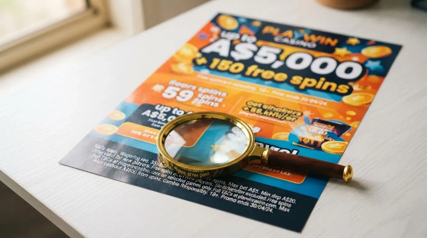 A welcome-offer advertisement banner showing “up to A$5,000 + 150 free spins” in large text, with the 45x wagering condition in small print beneath a magnifying glass