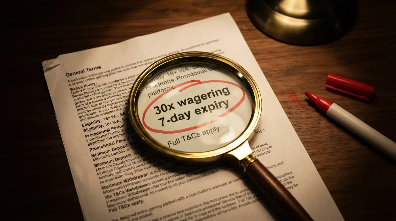 A magnifying glass over bonus terms and conditions, with “30–50x wagering” and “7-day validity” circled in red