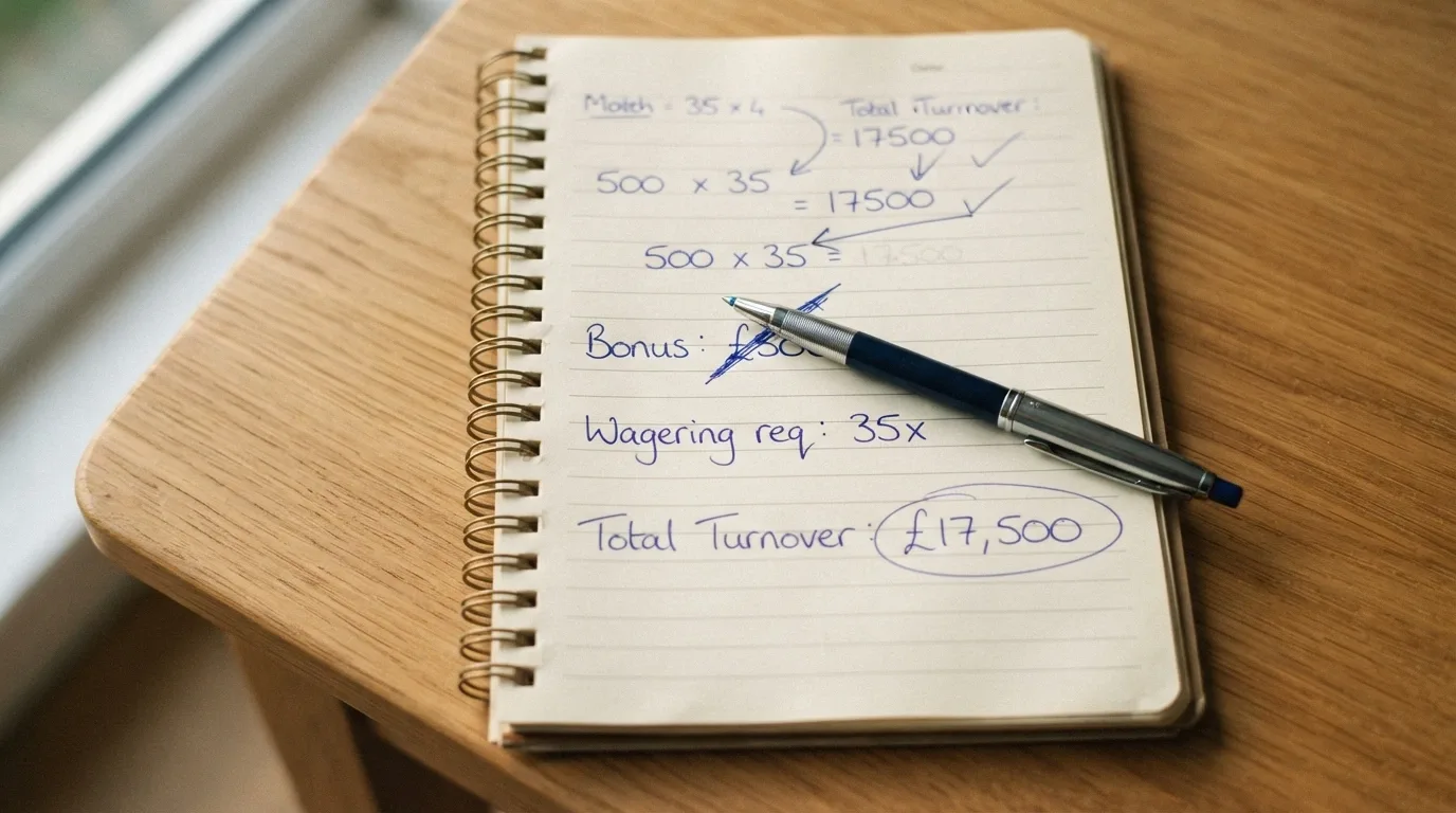 A notepad with handwritten sums showing a bonus amount, a wagering multiple and the resulting turnover figure, with a pen crossed over the initial bonus number