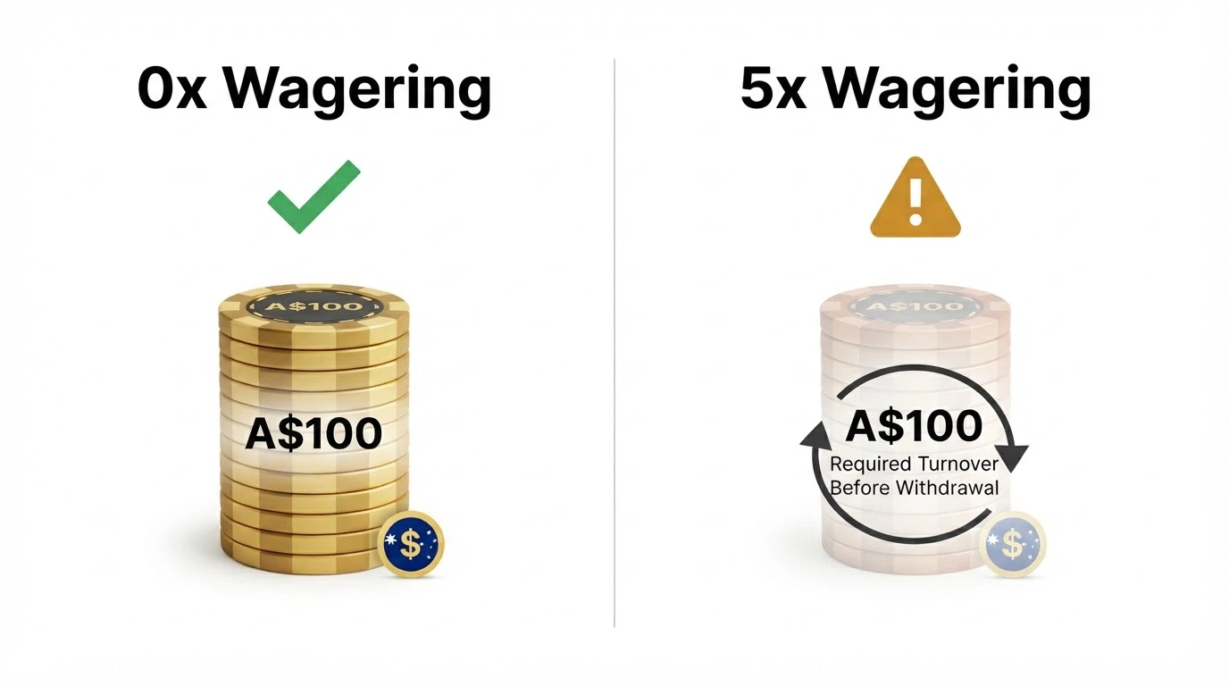 A side-by-side comparison of cashback offers with and without wagering requirements, showing the real withdrawable amount from a A$100 cashback credit